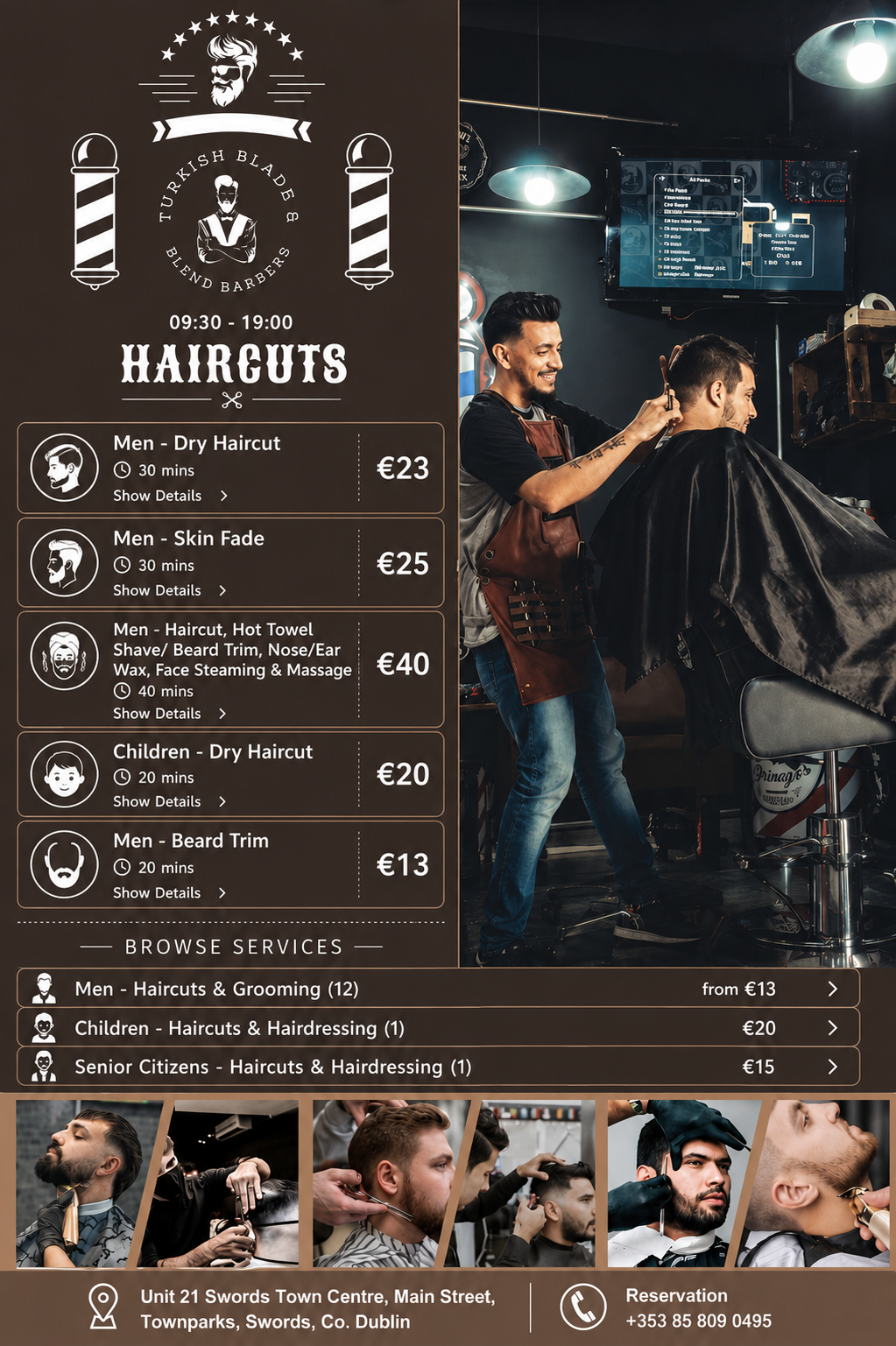 Turkish Blade & Blend Barbers full price menu and opening hours